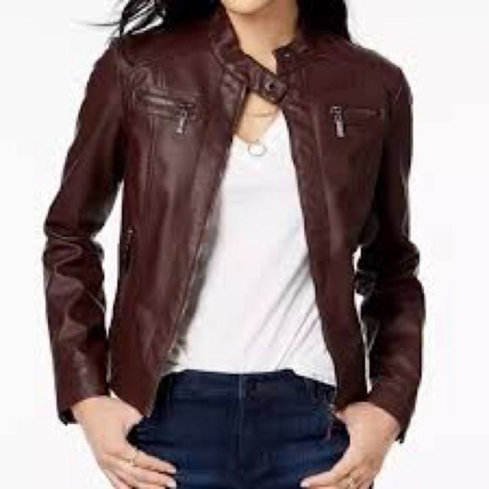 MACYS Jou Jou Faux Leather & Fur Maroon Brown Bomber Jacket  Sz Medium